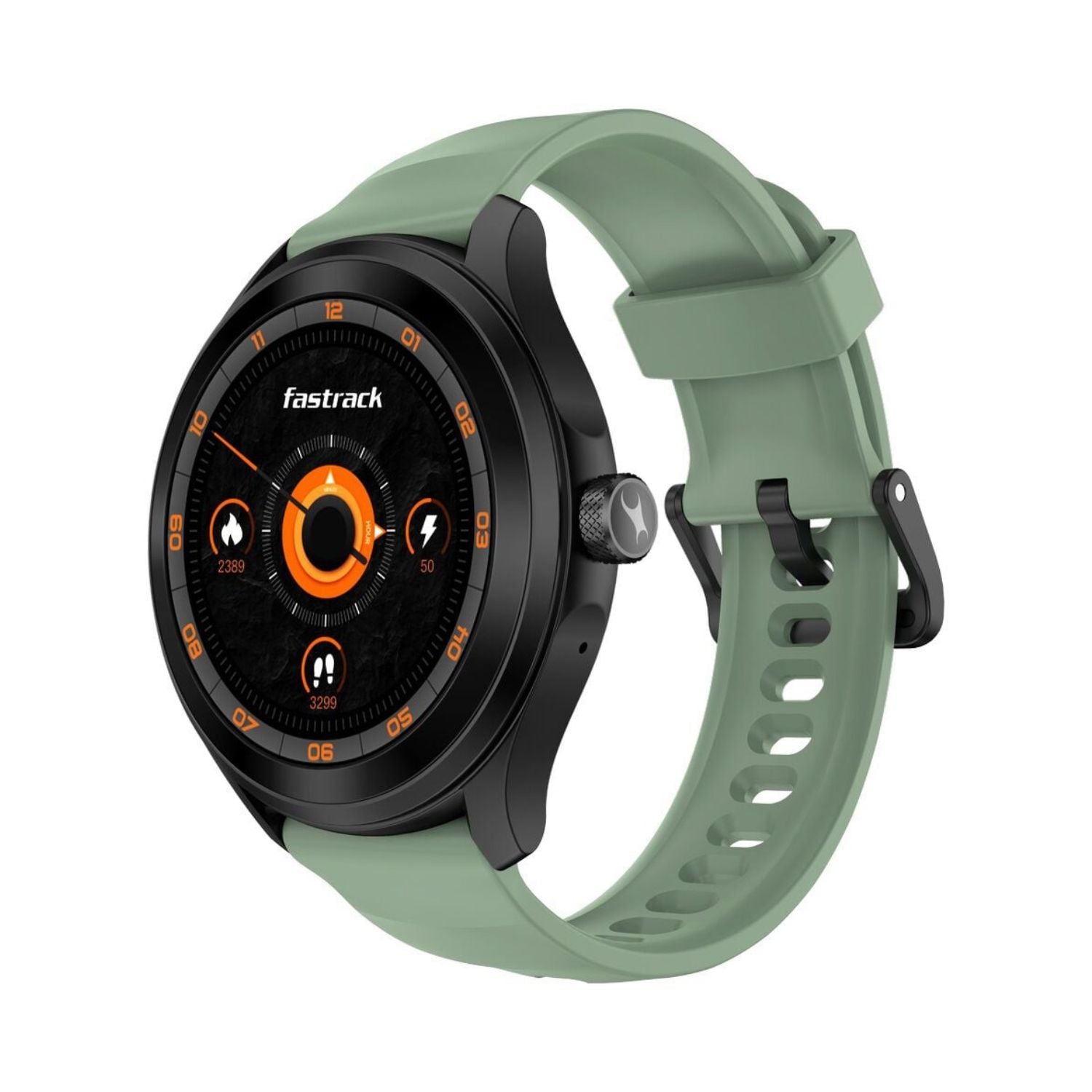 Green round-dial smart watch with silicone strap, orange-accent interface